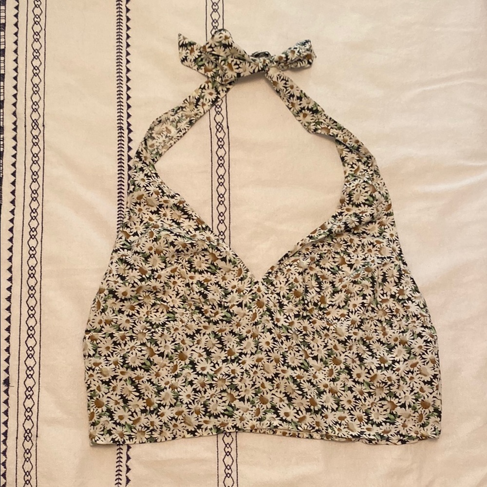 Abound Floral Halter Tank Top - Black and Cream